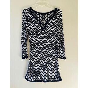WHBM Sz M Chevron Stripes Tunic Cover Up Blouse Dress Open Knit V Neck Pullover